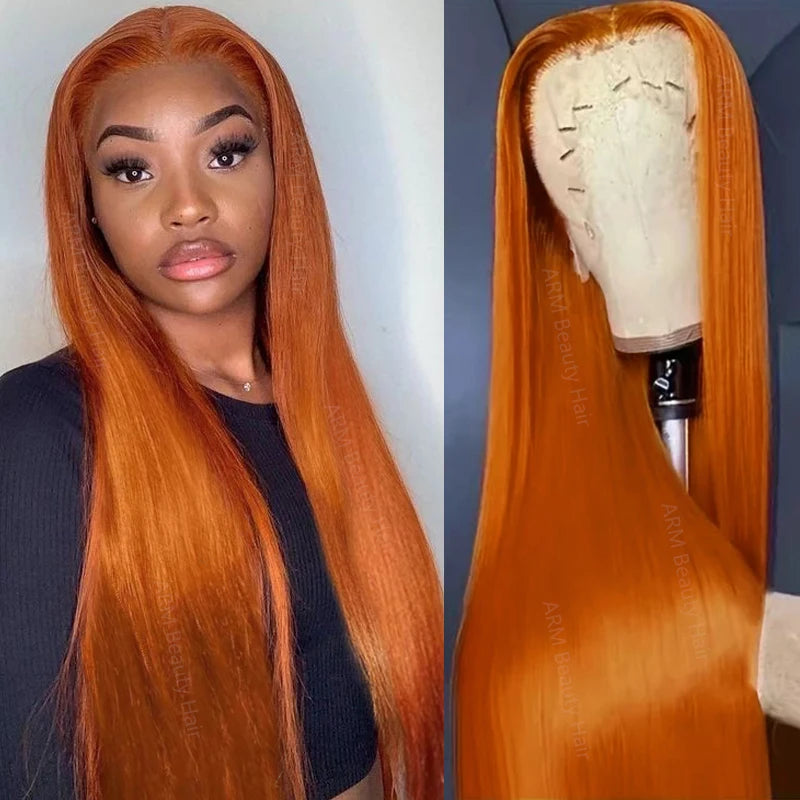 Ginger Human Hair Wig Bone Straight Ginger Orange Lace Front Wig Human Hair Transparent Lace  #350 Colored Wig With Baby Hair Main image