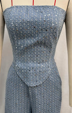 Fashion Sequins Denim Set Women Strapless Tunic Waist Crop Top and Wide Leg Pant Suit 2025 &2026 New 2 Piece Sets Outfits Tracksuit