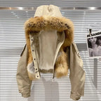 Big Fox Fur Collar Removable Rabbit Liner Short Coat Jacket for Women Winter Elastic Hem Hooded Jackets Wram Fashion Outwear