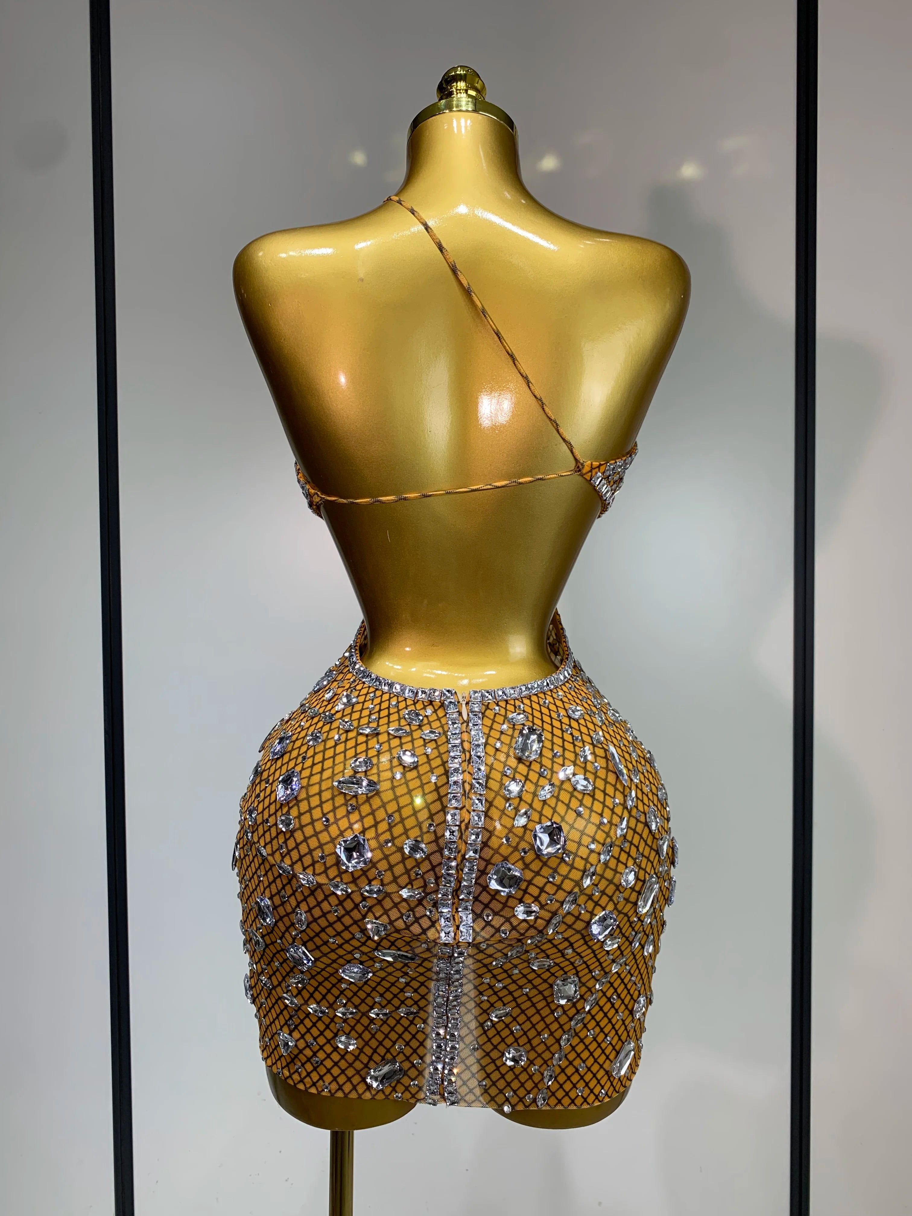 Sexy Sparkly Diamond Backless Short Dress 2026 Women Sleeveless Mesh See Through Evening Birthday Gown Singer Stage Outfit