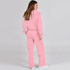Solid Two-piece set Women Fashion Long Sleeve Zipper Sweater Pullover Tie up Pocket Wide Leg Pant Suit Loose Casual Sport Sets