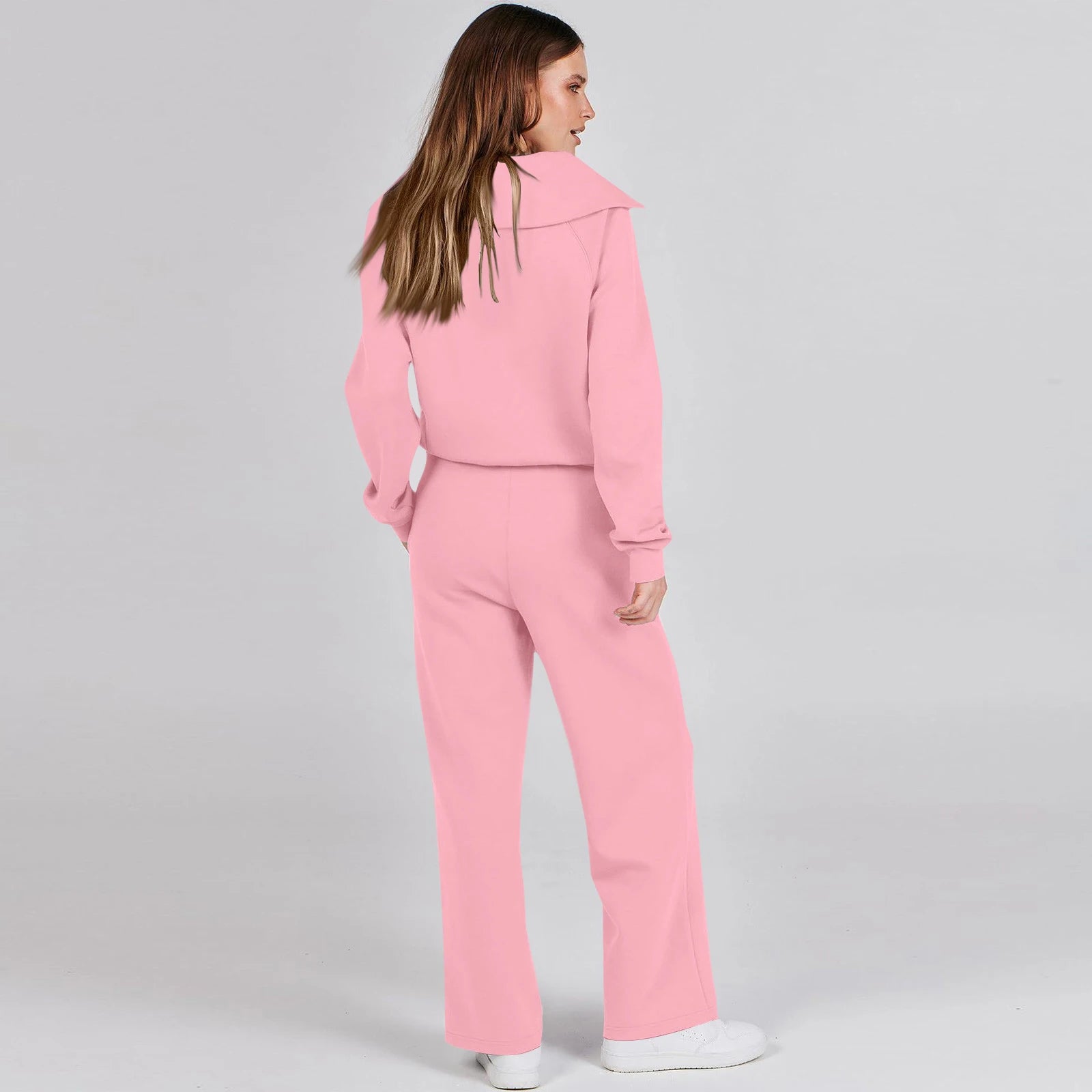 Solid Two-piece set Women Fashion Long Sleeve Zipper Sweater Pullover Tie up Pocket Wide Leg Pant Suit Loose Casual Sport Sets