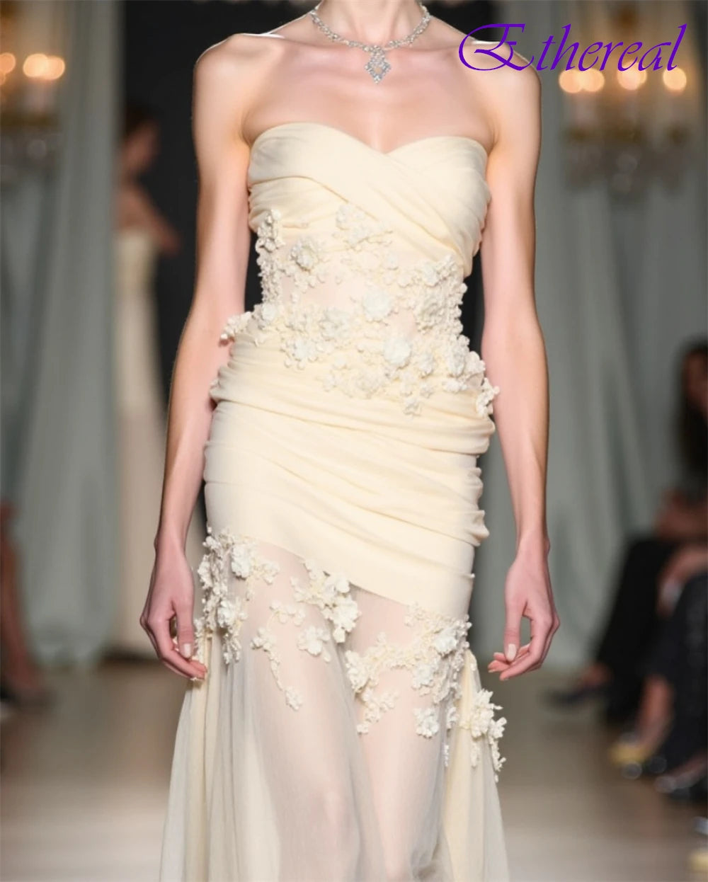 Customized See Through Chiffon Strapless Evening Dress High Quality Flowers Prom Dresses Delicate Special Occasion Gowns