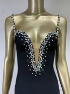 Women's Sexy V Neck Beading Diamonds Black Mini Bodycon Bandage Dresses 2026 Summer Fashion Elegant Evening Cocktail Party Dress
