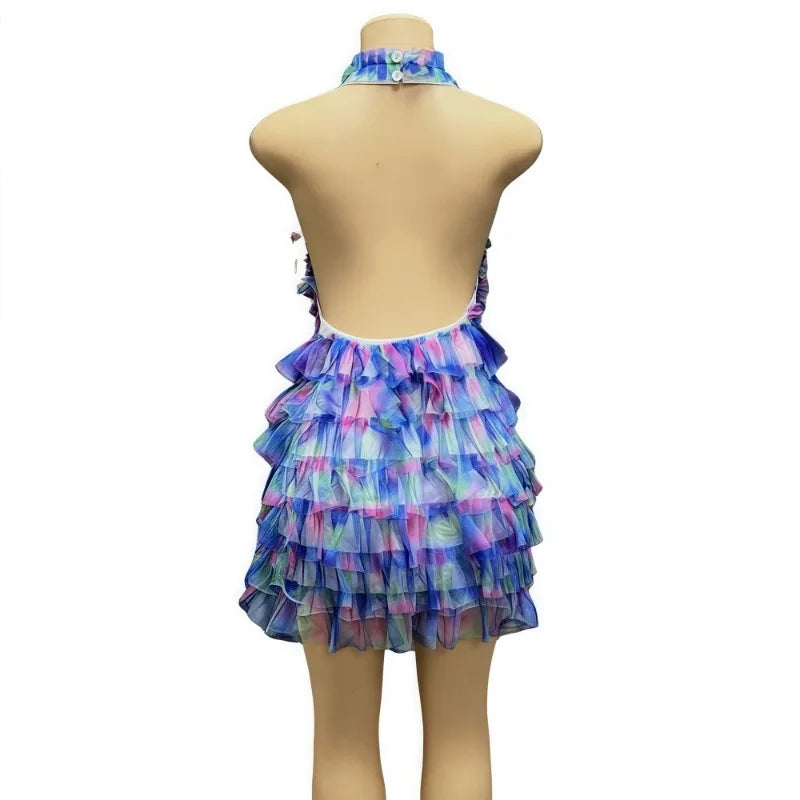 HLJ Sexy Mesh Ruched Patchwork Bodycon Dresses Women Cake Gradient Halter Backless Dress Female Streetwear Vestidos Summer New
