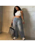 2026 Women Jeans Straight Diamonds Pants Y2k Streetwear Elegant High Waist Washed Belt Loose Wide Leg Denim Trousers Bottoms