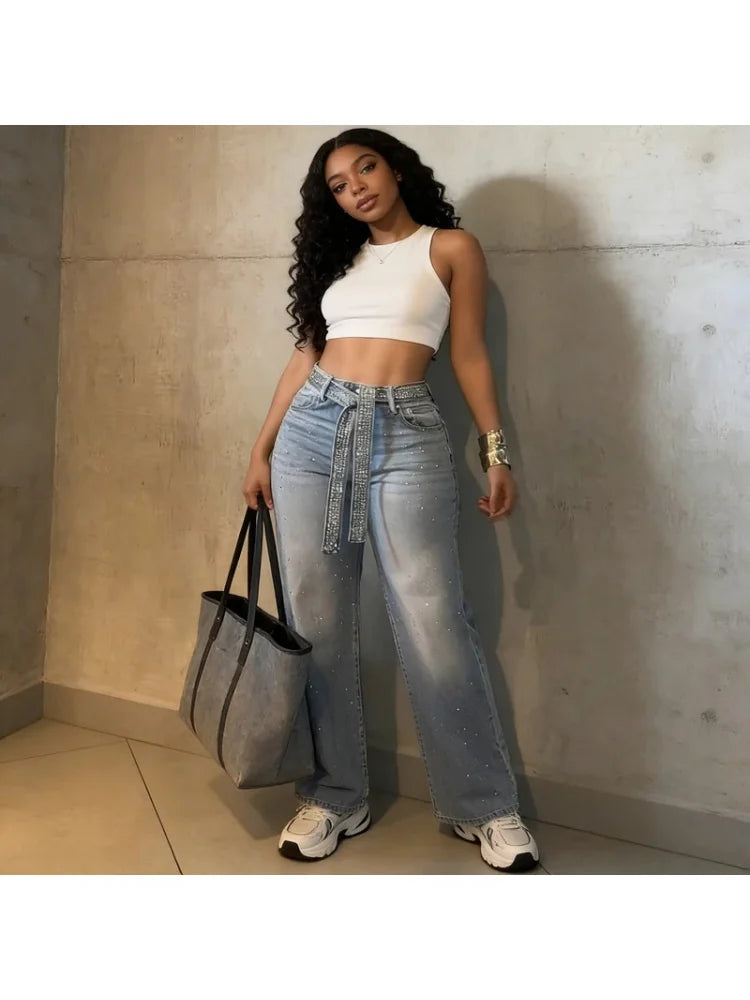 2026 Women Jeans Straight Diamonds Pants Y2k Streetwear Elegant High Waist Washed Belt Loose Wide Leg Denim Trousers Bottoms