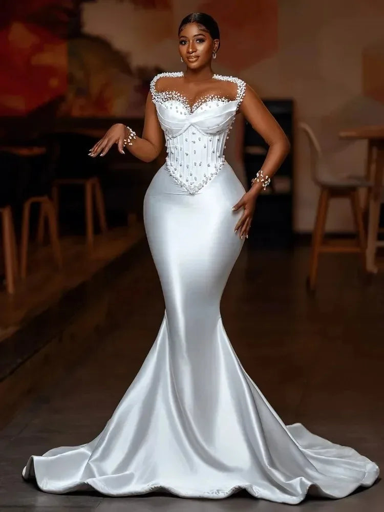 Custom Plus Size African Mermaid Wedding Dresses Long Illusion Sleeves Pearls Aso Ebi Style Beading Bridal Gown Vestido De Novia