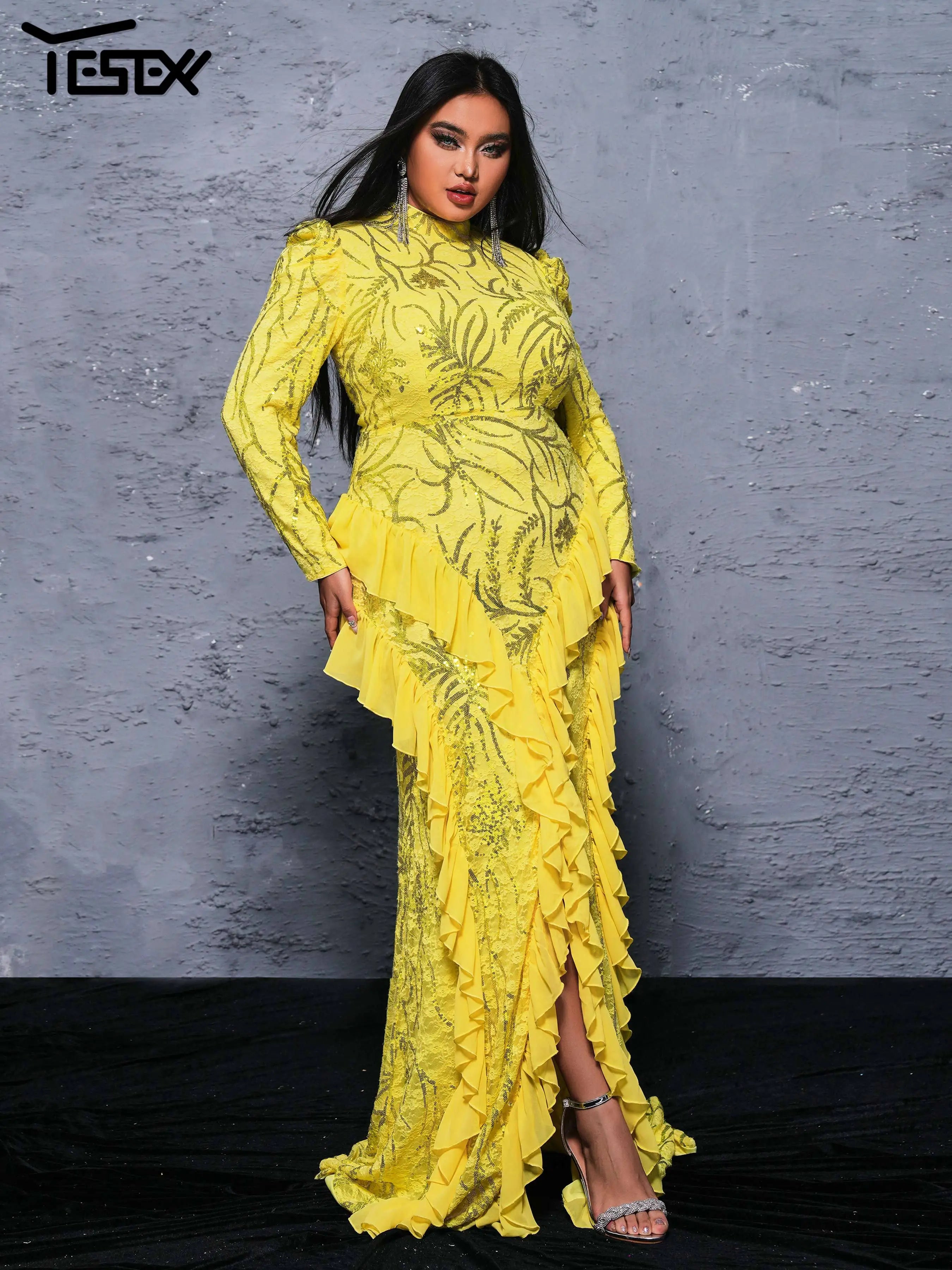Yesexy Plus Size Elegant Beautiful Women Round Neck Long Sleeved Split Evening Gown Wedding Birthday Party Formal Occasion Dress