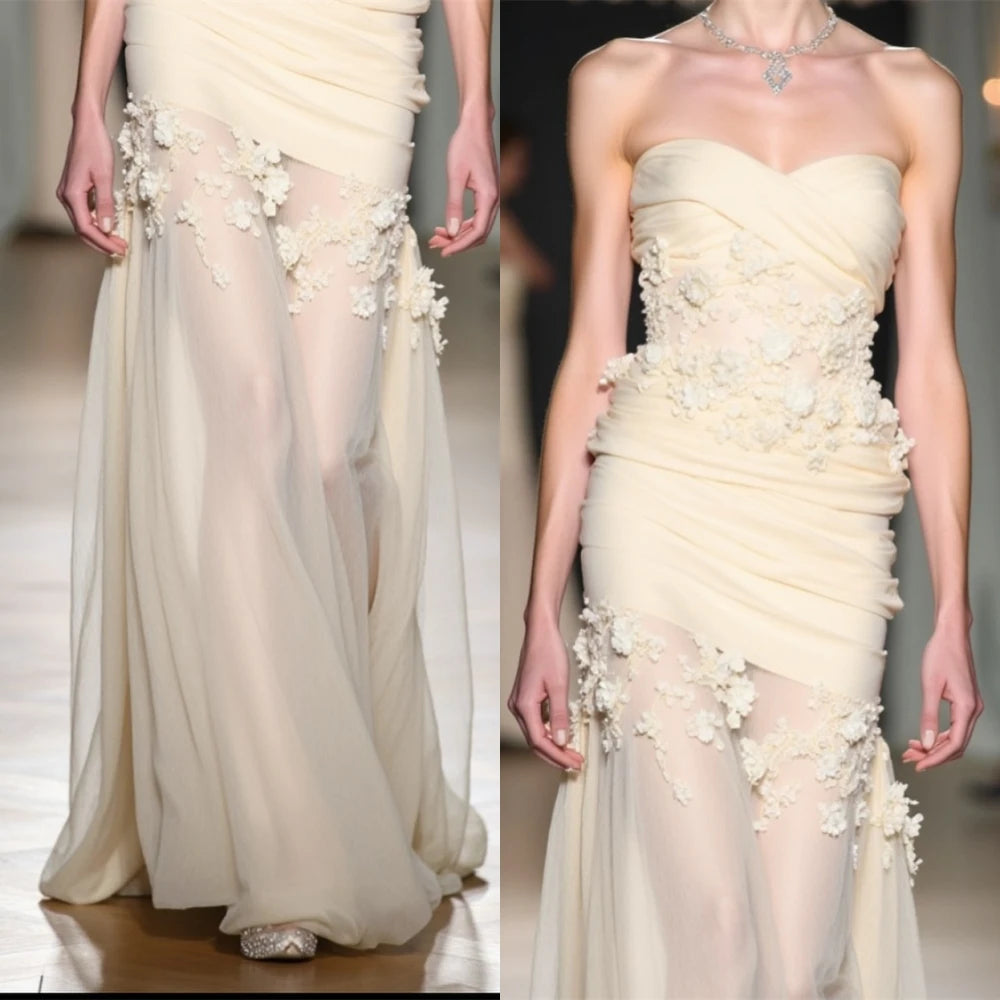Customized See Through Chiffon Strapless Evening Dress High Quality Flowers Prom Dresses Delicate Special Occasion Gowns Main image