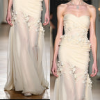 Customized See Through Chiffon Strapless Evening Dress High Quality Flowers Prom Dresses Delicate Special Occasion Gowns