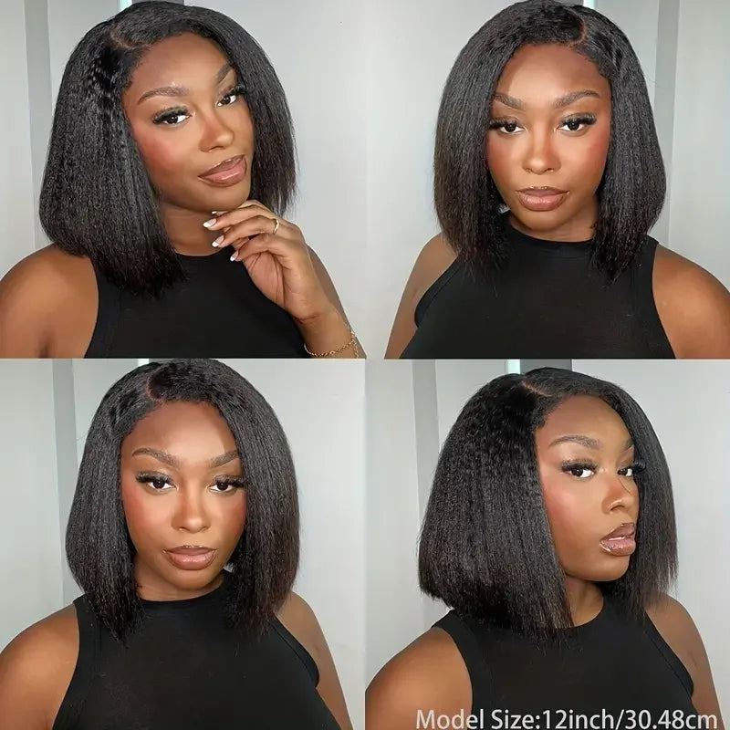 Kinky Straight Bob Wig Glueless 100% Human Raw Hair Tissage Wig HD Transparent Lace Closure Yaki Short Wig Perruques Vietnamese