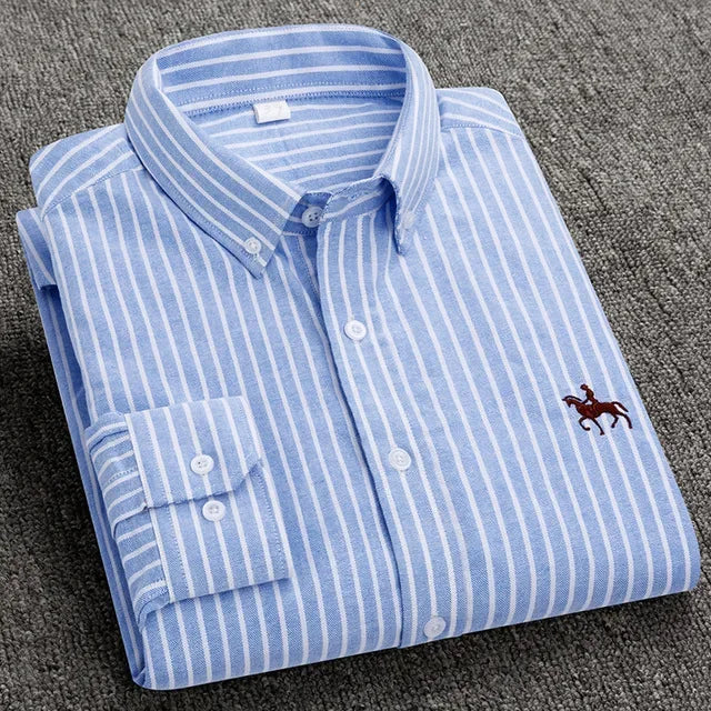 Casual Pure Cotton Oxford Mens Shirts Long Sleeve Embroidery Horse Design Regular Fit Fashion Button Man White Dress Shirt