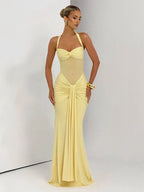 kliou Patchwork Elegant Women Maxi Dress Classic Sexy Sheer Ribbons Halter Backless Bodycon Female Trend Festival Evening Wear