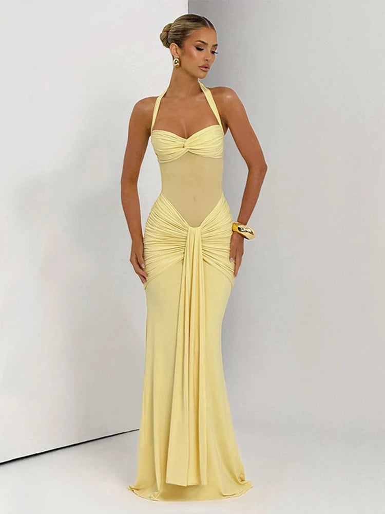 kliou Patchwork Elegant Women Maxi Dress Classic Sexy Sheer Ribbons Halter Backless Bodycon Female Trend Festival Evening Wear Main image