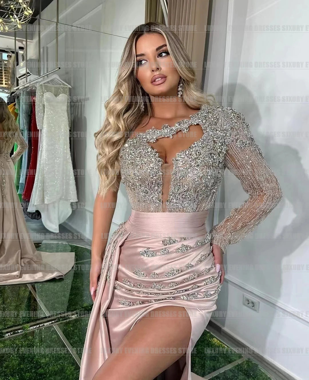 Luxury Sequined Appliques Evening Dresses Woman's Mermaid Sweetheart Sexy High Split Prom Gowns Formal Customized