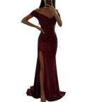 2026 Elegant Off-shoulder Gown Dress V-Neck Sequin Pleated Short Sleeve Waist Tight Maxi Dress Split Evening Party Prom Dress
