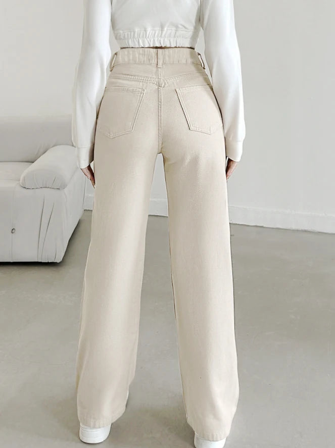 Women's autumn jeans, made of cotton denim, in a beige apricot color, straight-leg, slim fit, high-waisted, elastic waistband