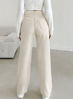 Women's autumn jeans, made of cotton denim, in a beige apricot color, straight-leg, slim fit, high-waisted, elastic waistband