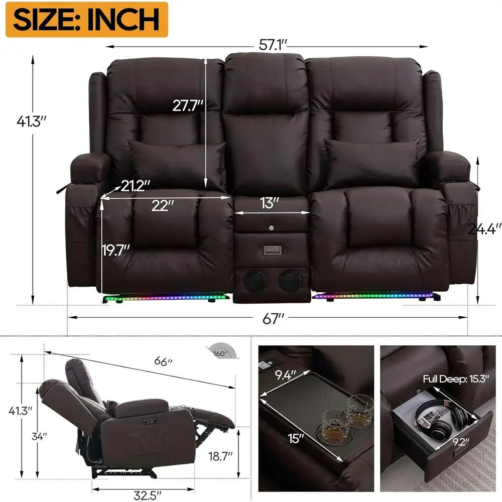 2-Seater Brown Home Theater Recliner Sofa with LED Lights, AC/USB Ports, Cup Holders, Electric Controls, Bluetooth Speaker, Mass Secondary image