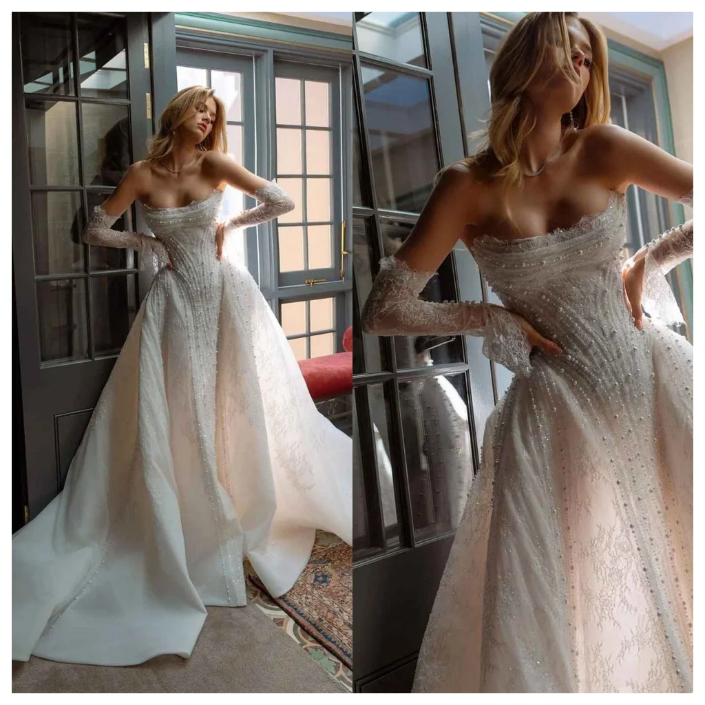 Crystal Mermaid Gown Wedding Dresses Strapless Appliques Evening Prom Dress Special Occasion Gowns Vestido De Noiva Customized