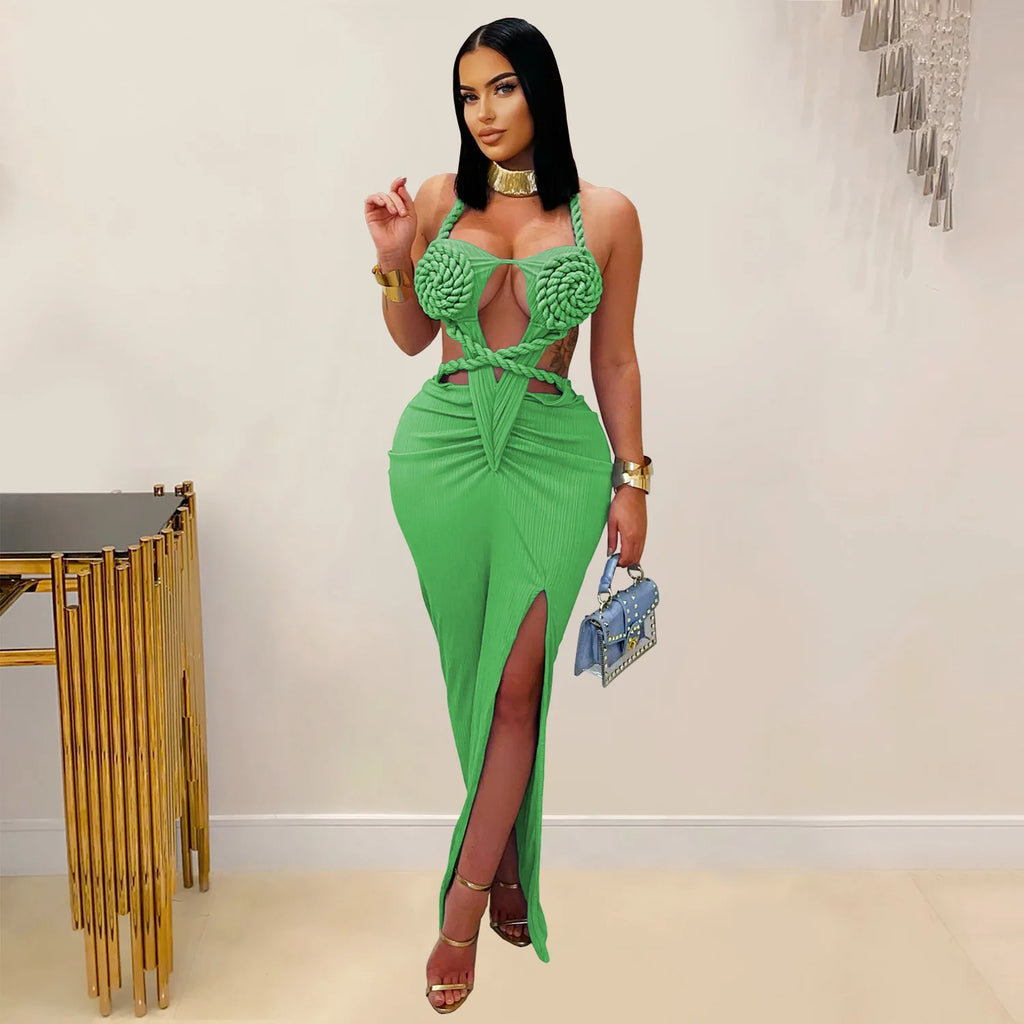 Women's Hollow Out Sleeveless Sexy Knitted Halter Neck Backless Solid Color Dress for Summer 2025