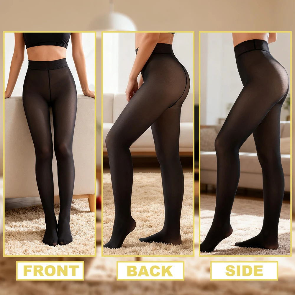 New Women Fleece Lined Black Tights Sheer Fake Translucent Warm Winter Pantyhose Leggings Outfit Thick Tights Invisible Crotch Secondary image