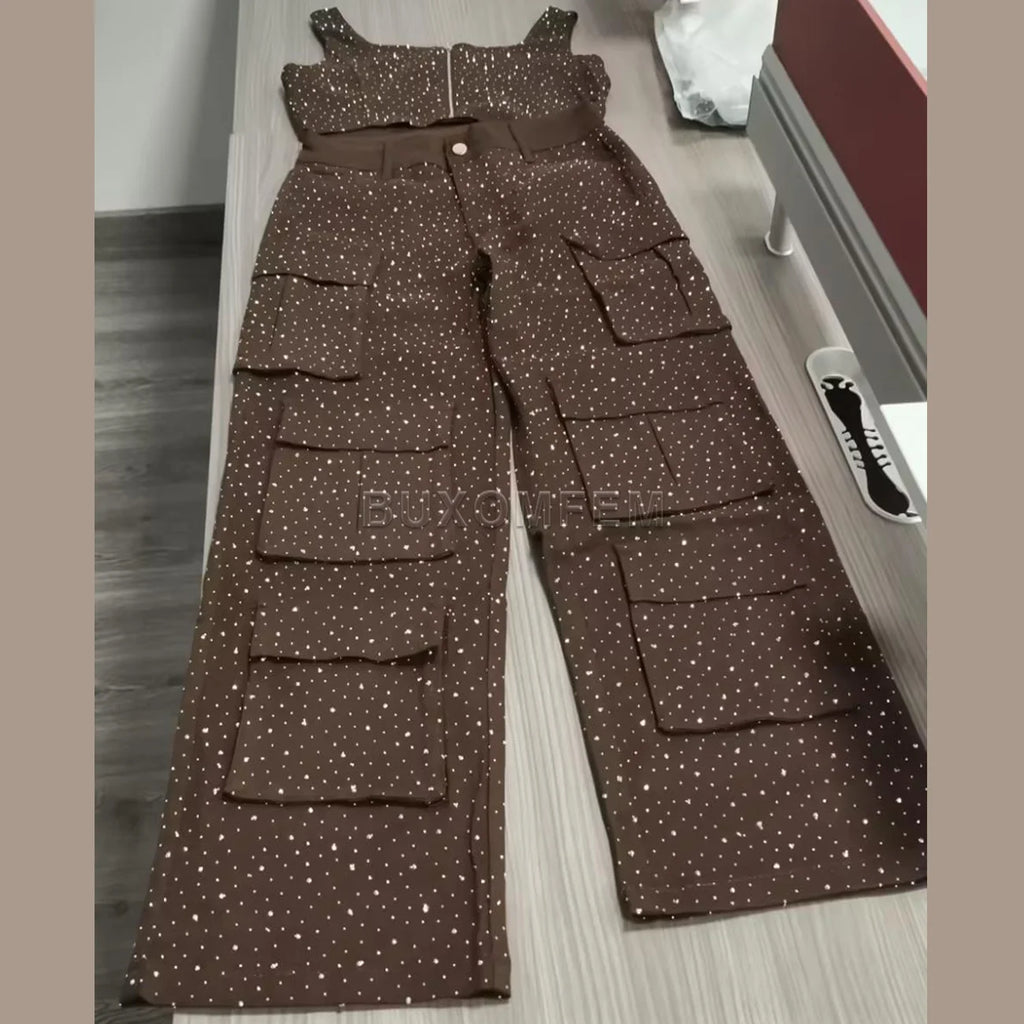 Ladies Diamond Strap Work Pants Set Fashion Push Up Trousers Women's Demin Jumpsuits Streetwear Outfits Evening Party Clothings