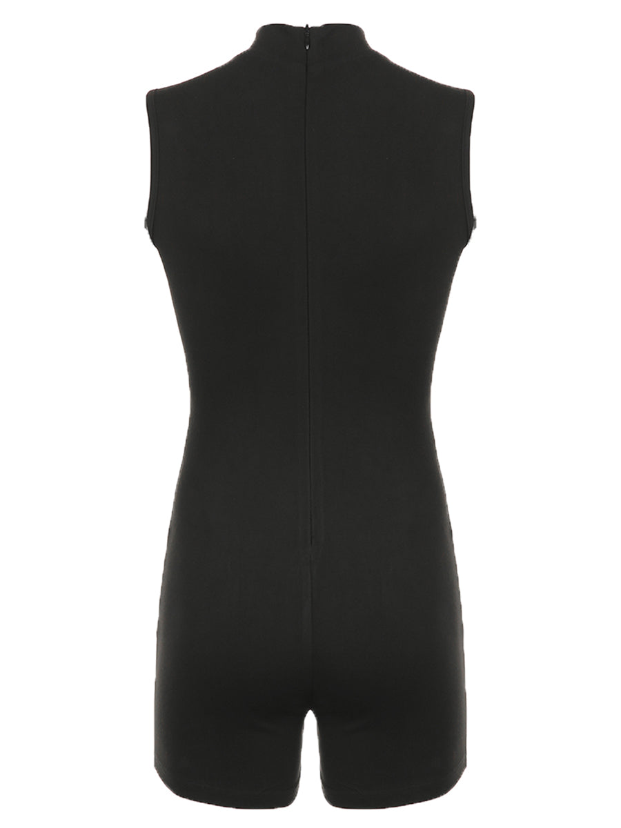 Women Summer Bodycon Jumpsuit Playsuits Mock Neck Sleeveless Skinny Short Romper Skinny Sport Bodysuit