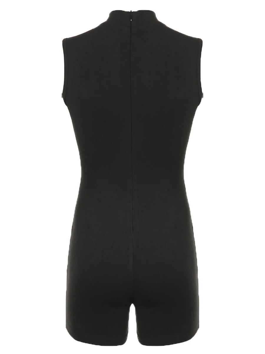 Women Summer Bodycon Jumpsuit Playsuits Mock Neck Sleeveless Skinny Short Romper Skinny Sport Bodysuit