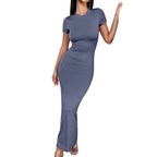 Sexy Skinny Women's Bodycon Party Dress Fashion O-neck Short Sleeve Solid Color Wraped Hip Package Long Dress Female Sexy Dress