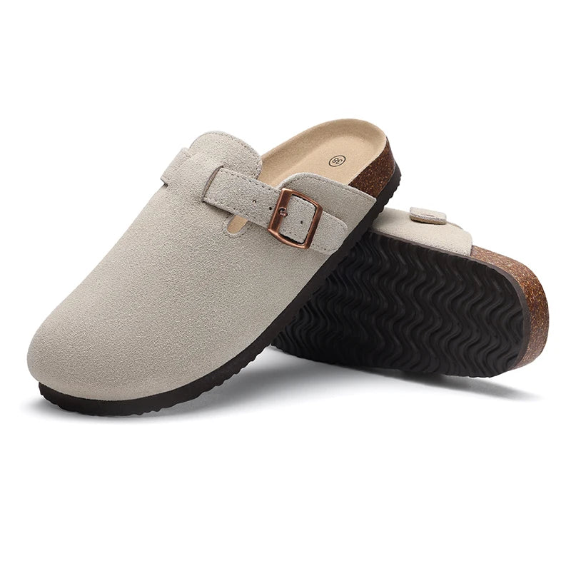 Kidmi Men's Suede Clogs Cork Footbed Clogs for Women Soft Leather Adjustable Buckle Slip-on Potato Shoes Sandals Beach Slippers