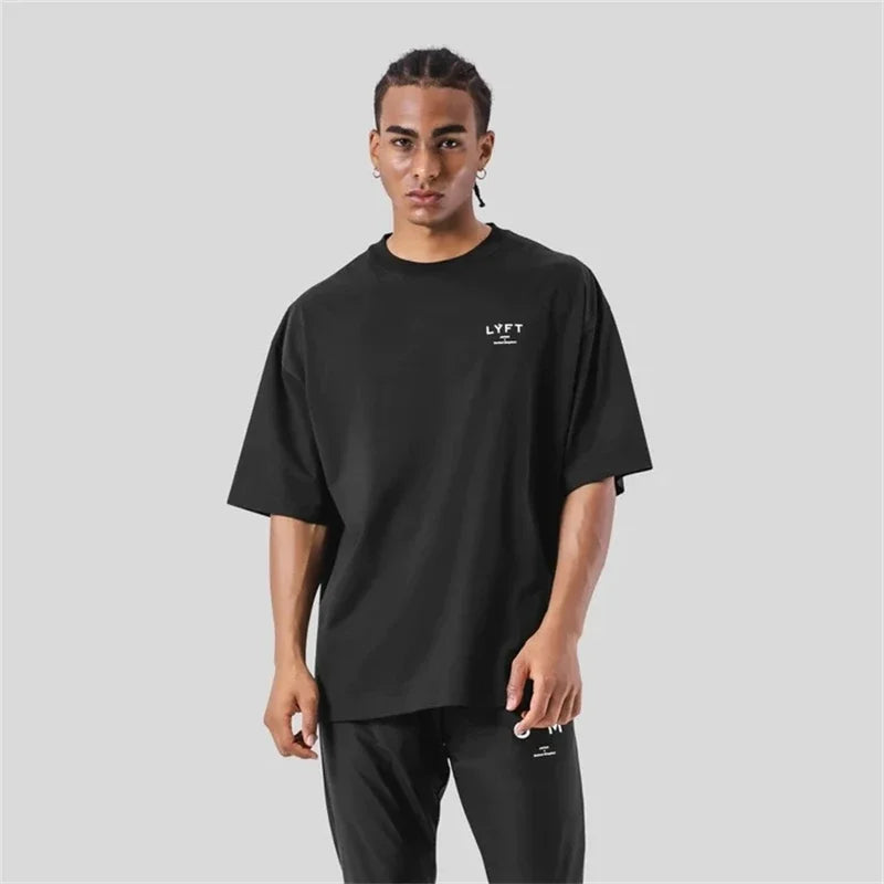 ONE POINT LYFT Print Big T Shirt Men Running Sport Gym Fitness Training Oversize 100% Cotton T-shirt Mens Bodybuilding Tee Tops