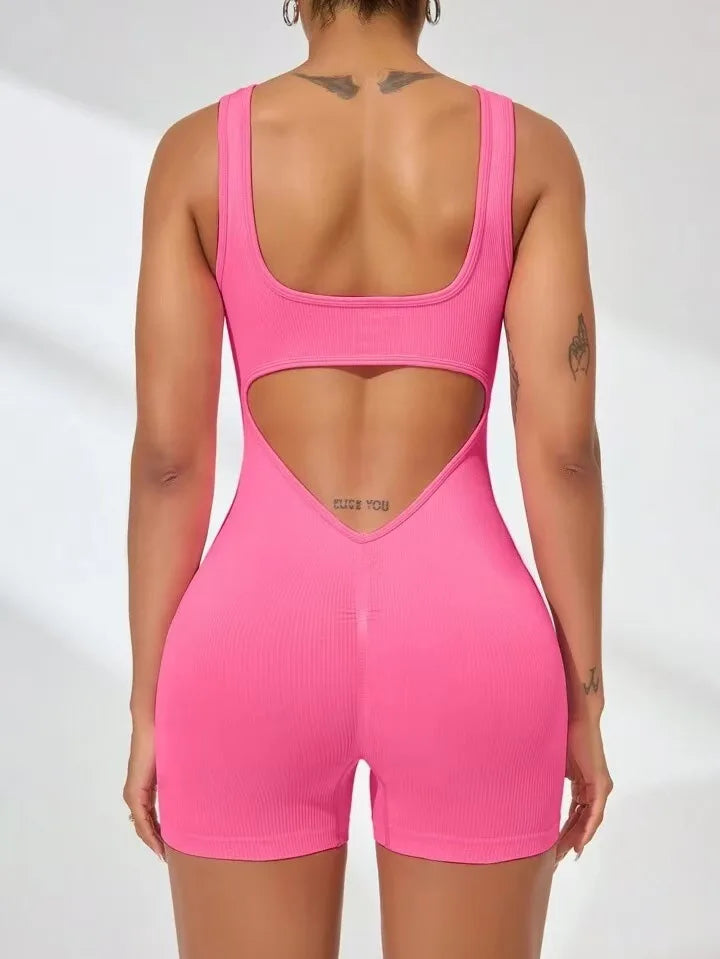 Sexy Backless Women Yoga Rompers U Neck Sleeveless Threaded Jumpsuit Solid Color Elastic Bodysuit Without Bust Pads Streetwear