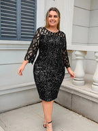 Party Dress Plus Size Ladies Midi Sequin Mesh Long Sleeve Lace Elegant Bodycon L-4XL 5XL Evening Dresses Woman Summer