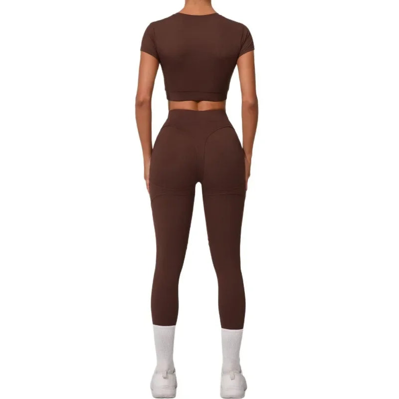 Gym Workout Yoga Fitness Sports Suit Short-sleeved Top Padded-free High-waisted Hip-lifting Trousers Outdoors Leisure Sportswear