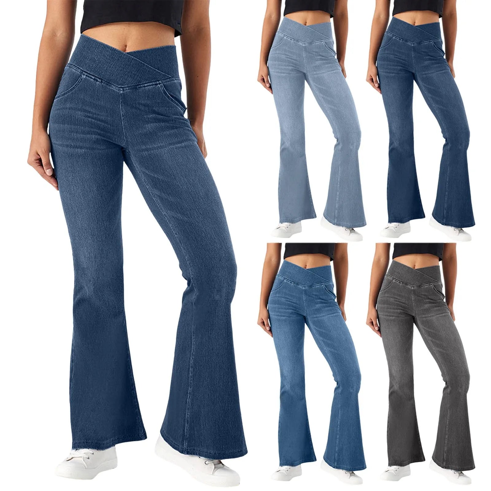 Stretch Denim Flared Pants Womens' Shiny High-Waist Denim Pants Lightweight Flare Jeans Slimming Fit Ladies' Trousers Ropa Mujer