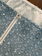 Fashion Sequins Denim Set Women Strapless Tunic Waist Crop Top and Wide Leg Pant Suit 2025 &2026 New 2 Piece Sets Outfits Tracksuit