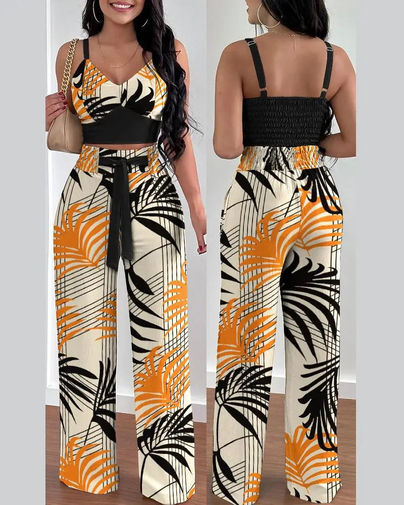 2 Piece Outfits For Women 2025 Sexy V-Neck Strap Shirred Slim Crop Top & Lace-up Wide Leg Pants Sets Elegant Office Lady Suit Secondary image