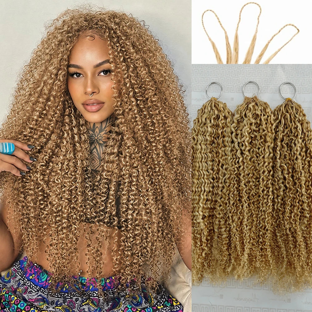 Honey Blonde Feather Crochet Human Hair Extensions Curly Invisible Miracle Knots Pre-Separated Crochet Hair for Women