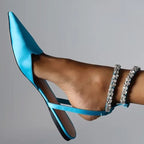 Women's Baotou Pointed Toe Rhinestone Sandals Women's Foreign Trade Flat Plus Size Silk and Satin Back Empty Shoes