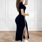Elegant Summer Women Dress O Neck Side Slit Slim Solid Color Short Sleeves Striped Skinny Maxi Dress
