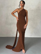 Dulzura One Shoulder Backless Ruched Slim Ribbon Long Dress Women Solid Sexy Elegant Dress Evening Party Club Prom Summer Outfit