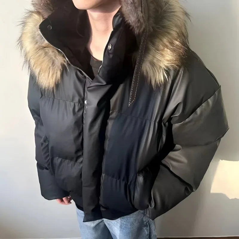 2024 American New Fashion Solid Color Fur Collar Hooded Cotton-padded Jacket Women Y2K Harajuku Gothic Hip-hop Pop Jacket Coat