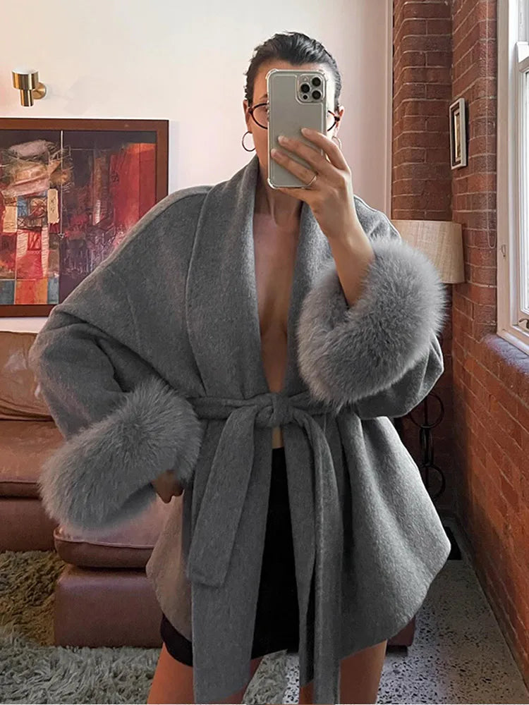Elegant Lace Up Woolen Short Coat Solid Loose Lapel Furry Belt Long Sleeve Jacket Female 2025 Autumn Winter Lady Chic Cardigan