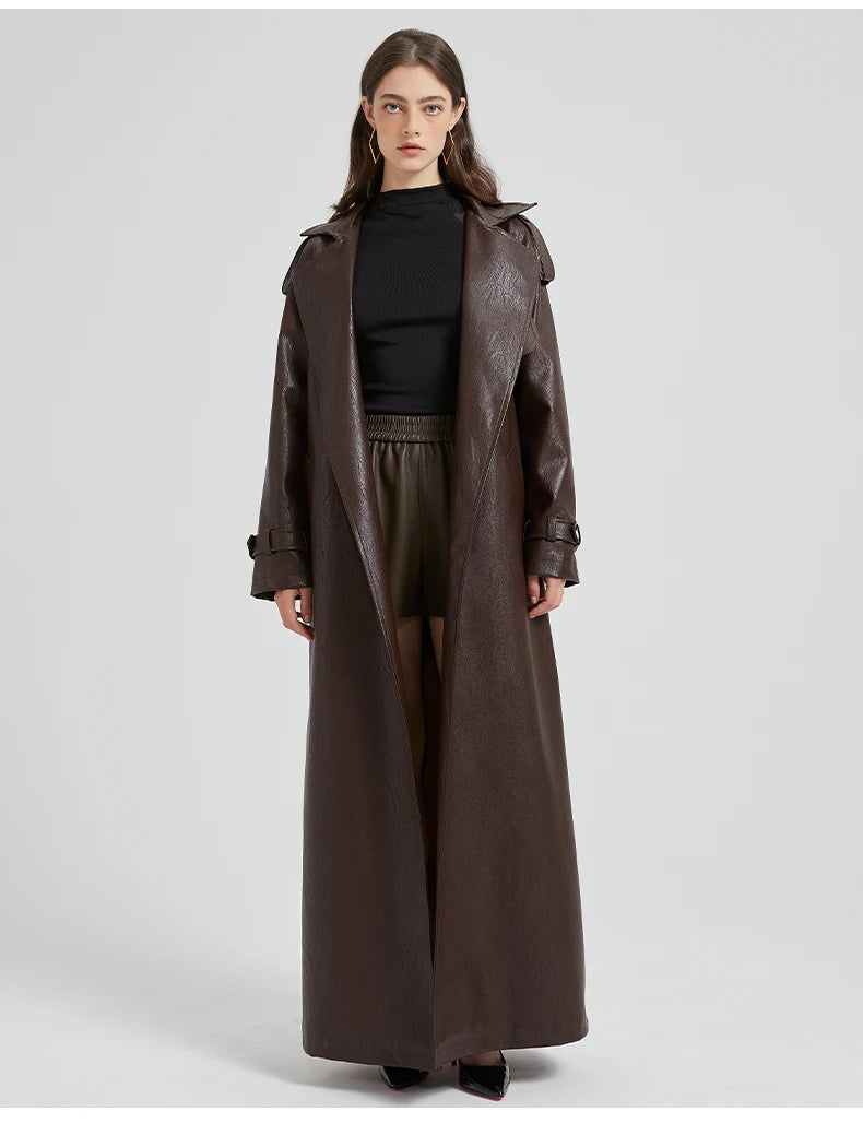 Lautaro Spring Autumn Extra Long Brown Pu Leather Trench Coat for Women Sashes Luxury Chic Overcoat Runway European Fashion 2024