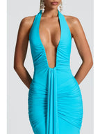 Deep V Neck Draped Ruched Sexy Maxi Dress Women Summer Fashion Halter Sleeveless Backless Club Party Long Dress Elegant BM98
