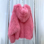 Fox Fur Coat Women's Winter Fashion Warm 100% Fox Fur Coat Hooded Long Sleeved Sweet Women's Luxury Designer Coat