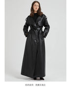 Lautaro Spring Autumn Extra Long Brown Pu Leather Trench Coat for Women Sashes Luxury Chic Overcoat Runway European Fashion 2024