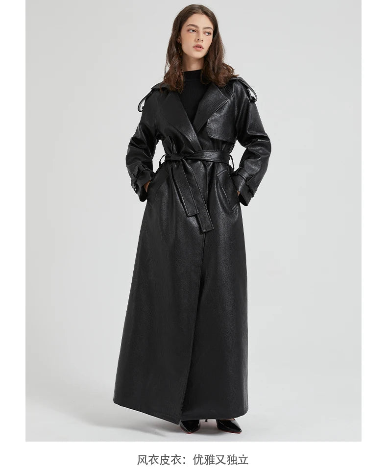 Lautaro Spring Autumn Extra Long Brown Pu Leather Trench Coat for Women Sashes Luxury Chic Overcoat Runway European Fashion 2024